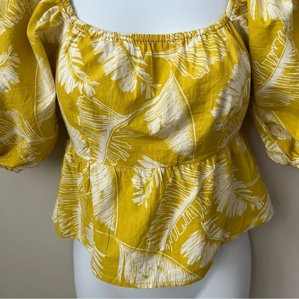 Sim & Sam Palm Print Cropped Top Puff Sleeve Yellow Chartreuse Tropical Boho S - Picture 2 of 10